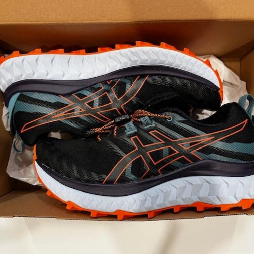 BRAND NEW WITH TAGS ASICS WOMENS TRABUCO MAX SIZE 8 WOMENS BLACK/NOVA/ORANGE